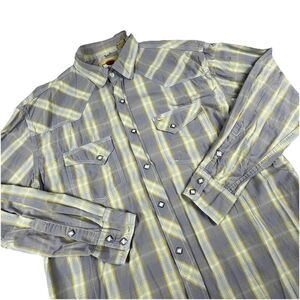 Larry Mahan Pearl Snap Shirt Men XL Western Cowboy Rodeo Yellow Plaid Long Sleev